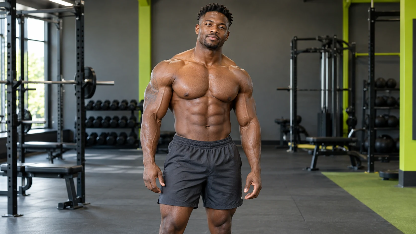 Fictional adult male bodybuilder in a gym, an original fitness illustration for Swole Scope